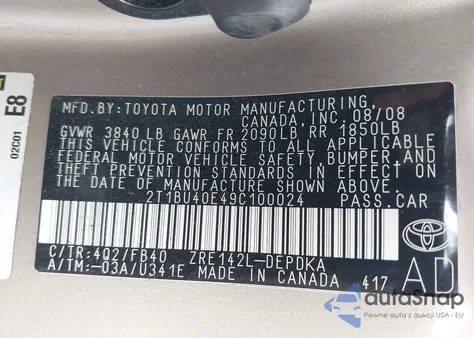 2009 Toyota Corolla Le/S/Xle из США, поврежденный, VIN 2T1BU40E49C100024